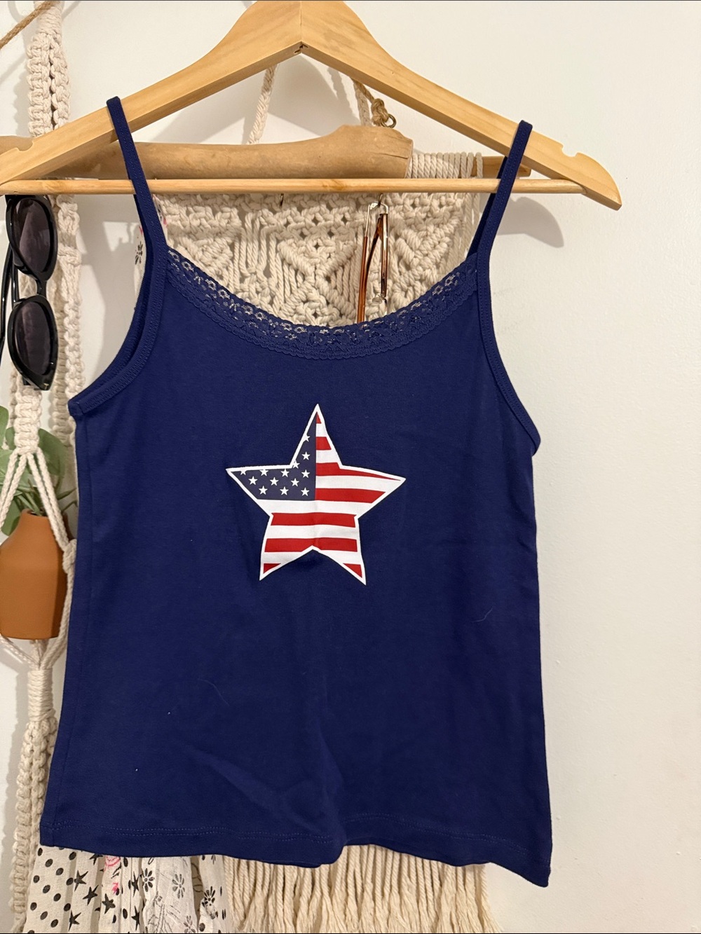 Women’s Navy Star Flag Lace-Trim Tank Top